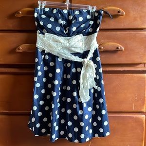 Navy Blue and White Polka Dot Strapless Dress with White Lace Bow Sash ModCloth